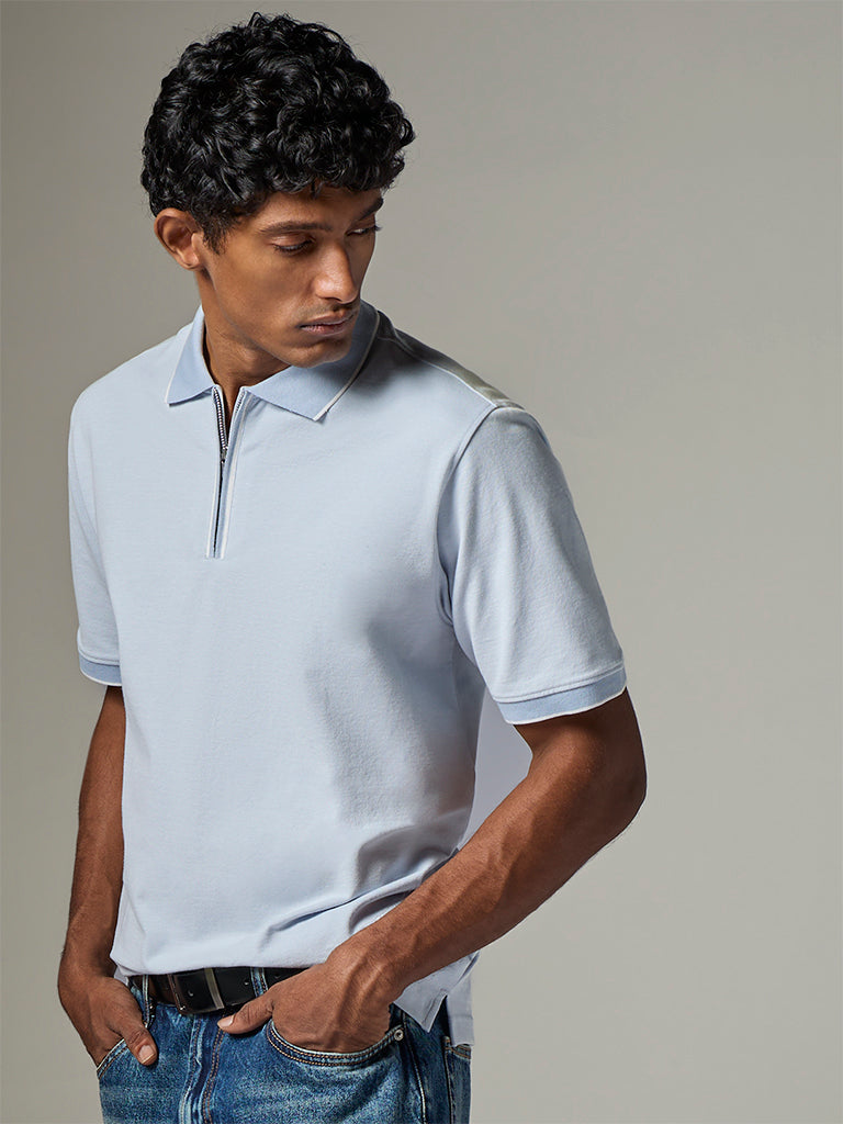 WES Casuals Light Blue Relaxed-Fit Cotton-Blend Quarter-Zip Polo T-Shirt