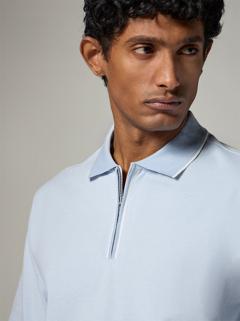 WES Casuals Light Blue Relaxed-Fit Cotton-Blend Quarter-Zip Polo T-Shirt