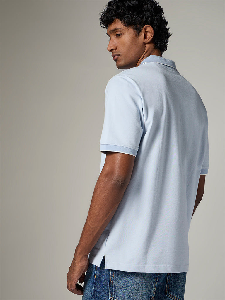 WES Casuals Light Blue Relaxed-Fit Cotton-Blend Quarter-Zip Polo T-Shirt