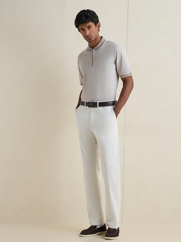 WES Casuals Light Grey Relaxed Fit Cotton-Blend Quarter-Zip Polo T-Shirt