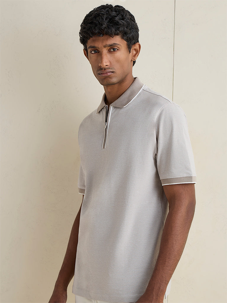 WES Casuals Light Grey Relaxed Fit Cotton-Blend Quarter-Zip Polo T-Shirt