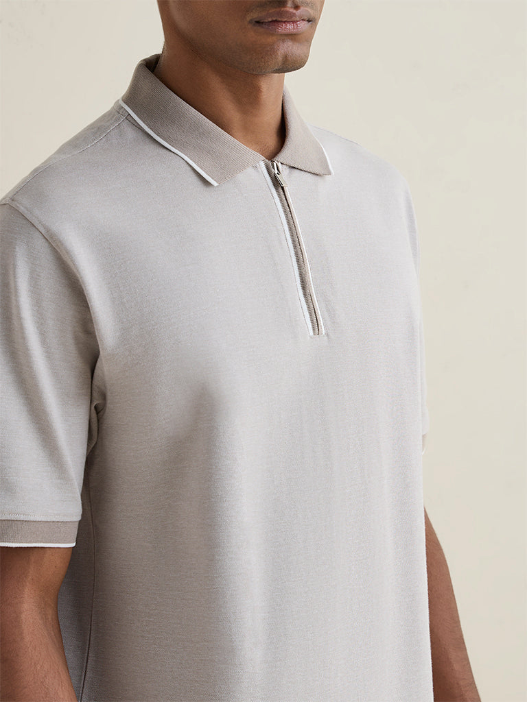 WES Casuals Light Grey Relaxed Fit Cotton-Blend Quarter-Zip Polo T-Shirt