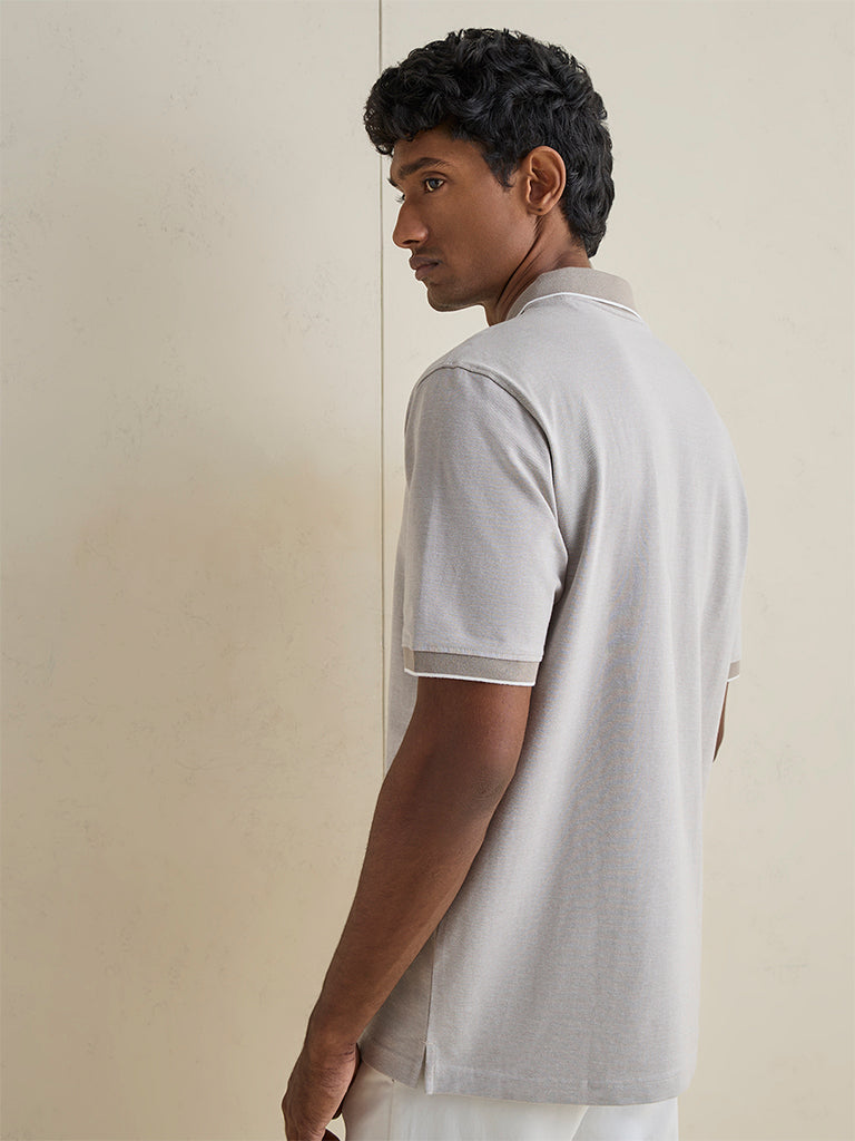 WES Casuals Light Grey Relaxed Fit Cotton-Blend Quarter-Zip Polo T-Shirt