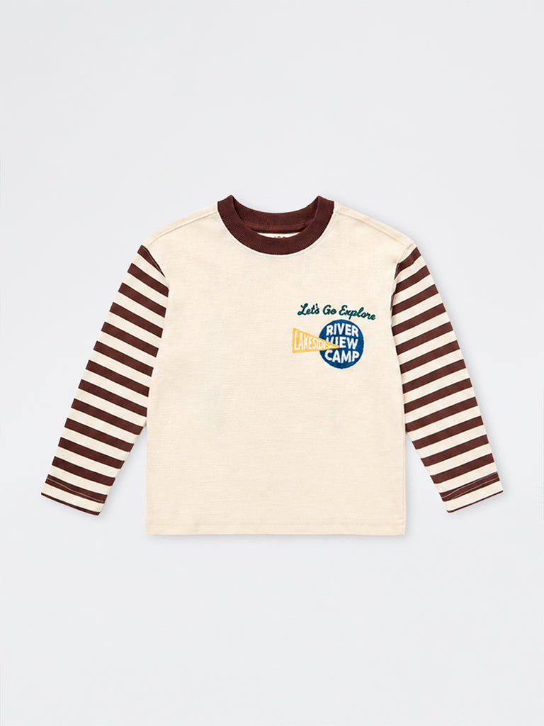 HOP Kids Boys Light Beige Striped Cotton T-Shirt