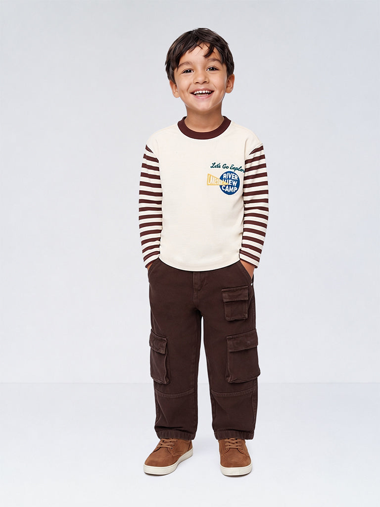HOP Kids Boys Light Beige Striped Cotton T-Shirt