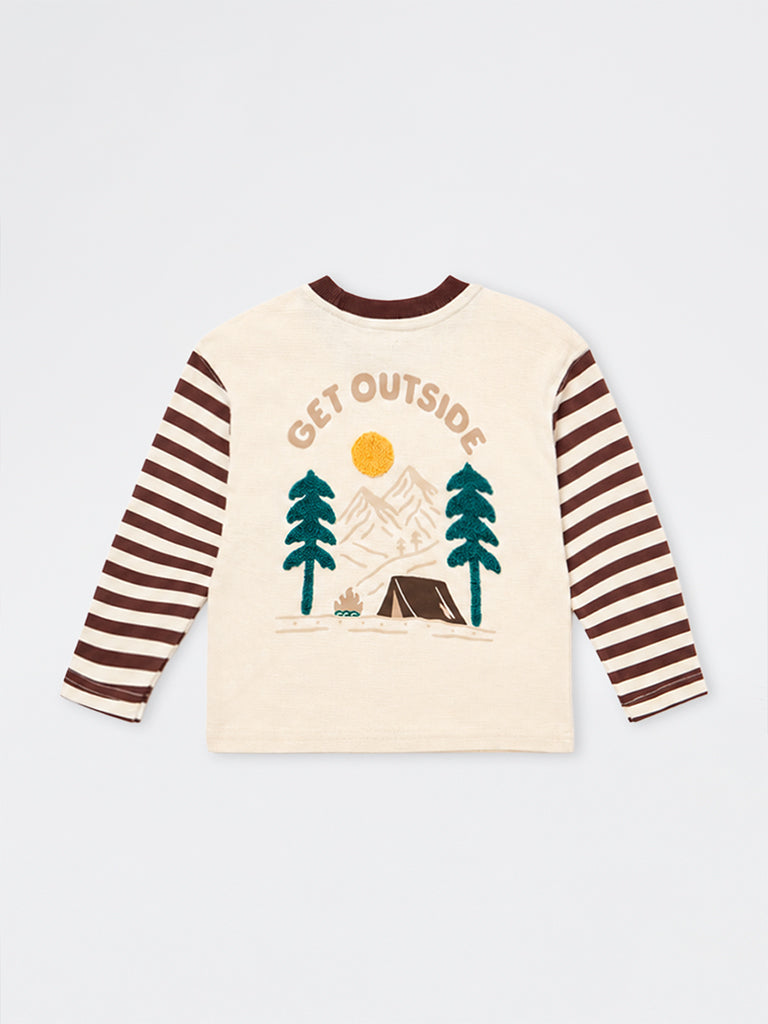 HOP Kids Boys Light Beige Striped Cotton T-Shirt