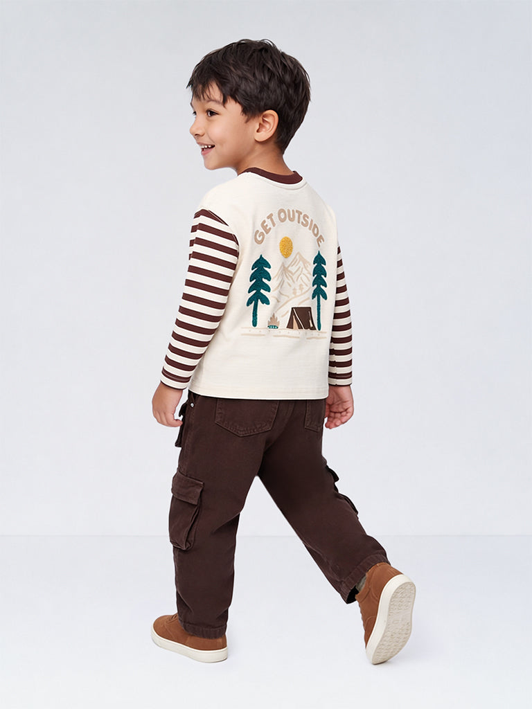 HOP Kids Boys Light Beige Striped Cotton T-Shirt