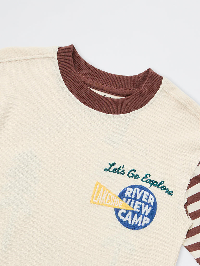 HOP Kids Boys Light Beige Striped Cotton T-Shirt