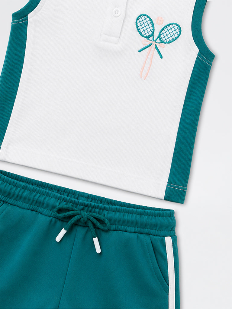 HOP Kids Girls White Tennis Embroidered Cotton Polo T-Shirt and Shorts Set