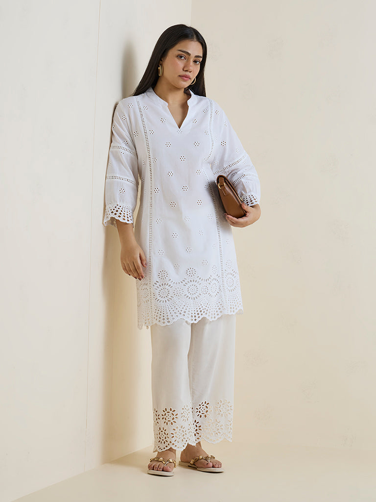 Diza White Schiffli Embroidered Cotton Straight Kurta
