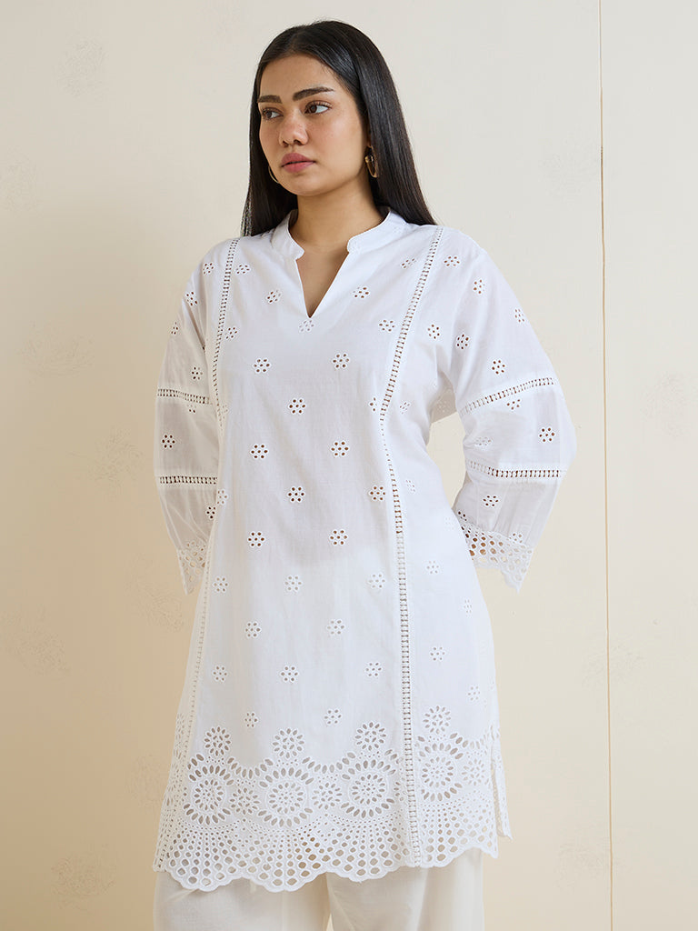 Diza White Schiffli Embroidered Cotton Straight Kurta
