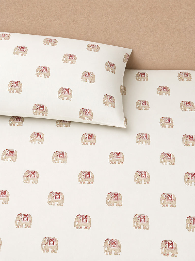 Westside Home Off-White Elephant Printed Queen Bed Sheet Set