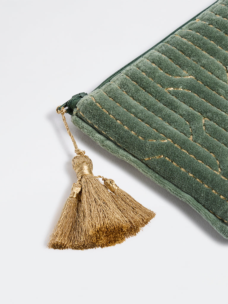 Westside Home Sage Geometric Embroidered Pouch