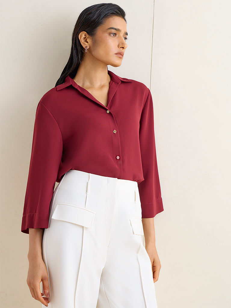 Wardrobe Maroon Solid Shirt