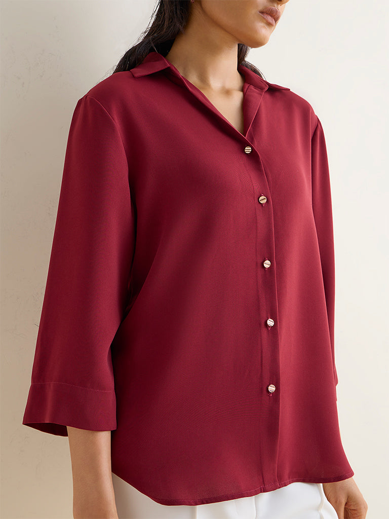 Wardrobe Maroon Solid Shirt
