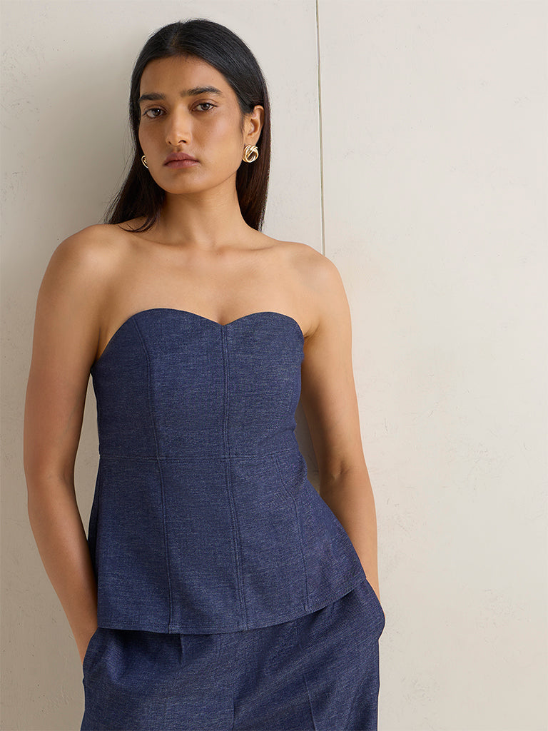 Wardrobe Indigo Solid Cotton-Blend Tube Top