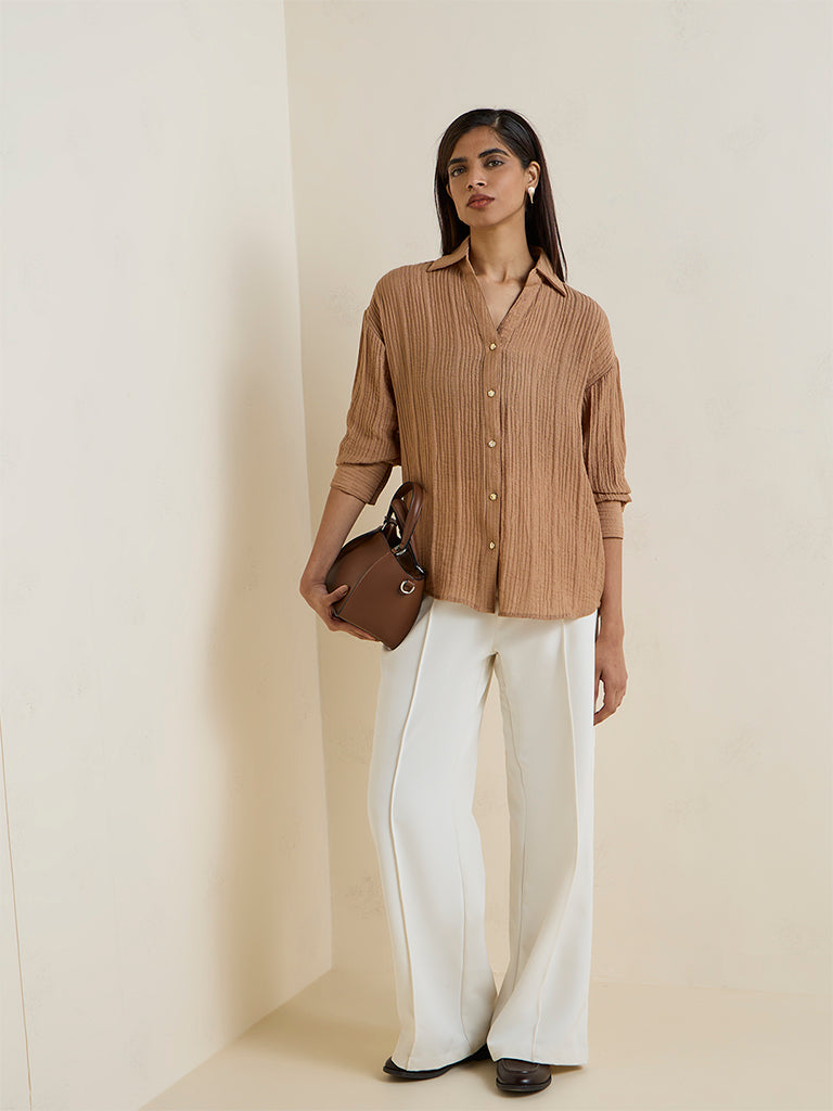 Wardrobe Beige Self-Striped Shirt
