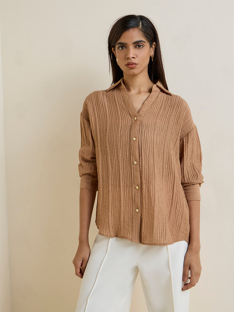 Wardrobe Beige Self-Striped Shirt