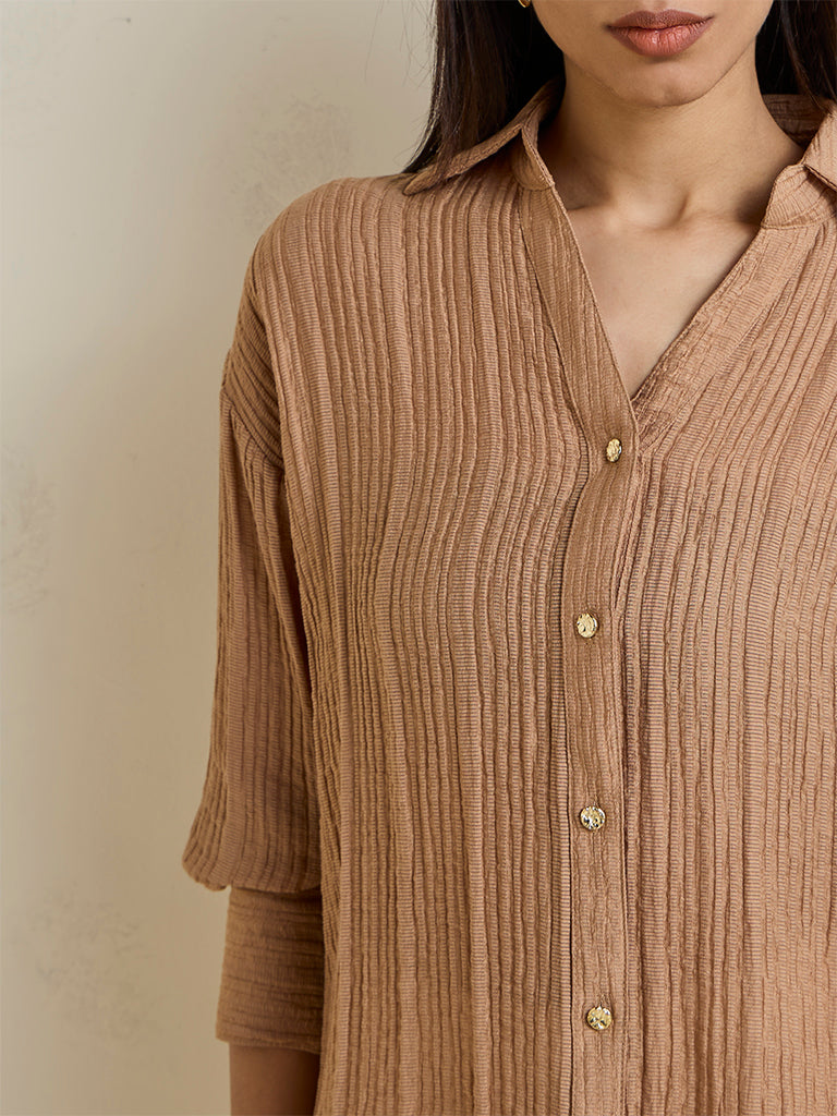 Wardrobe Beige Self-Striped Shirt