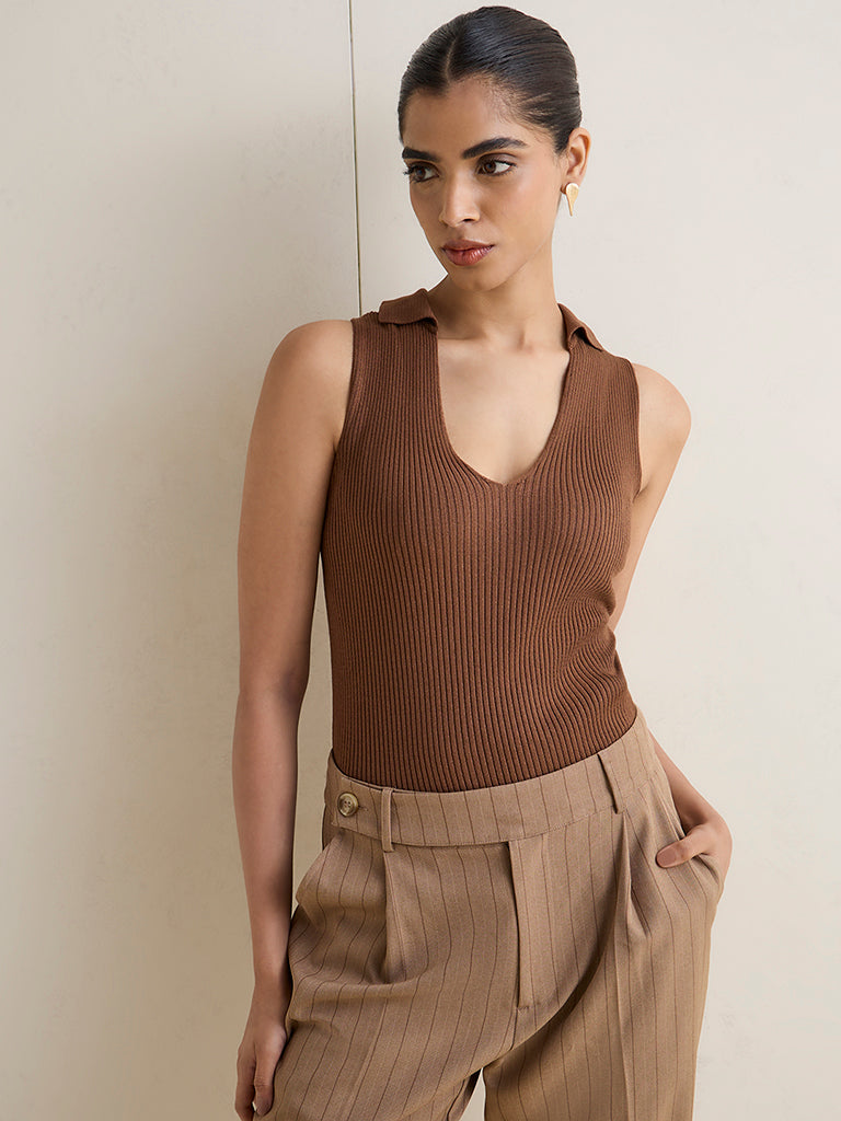 Wardrobe Brown Ribbed-Textured Top