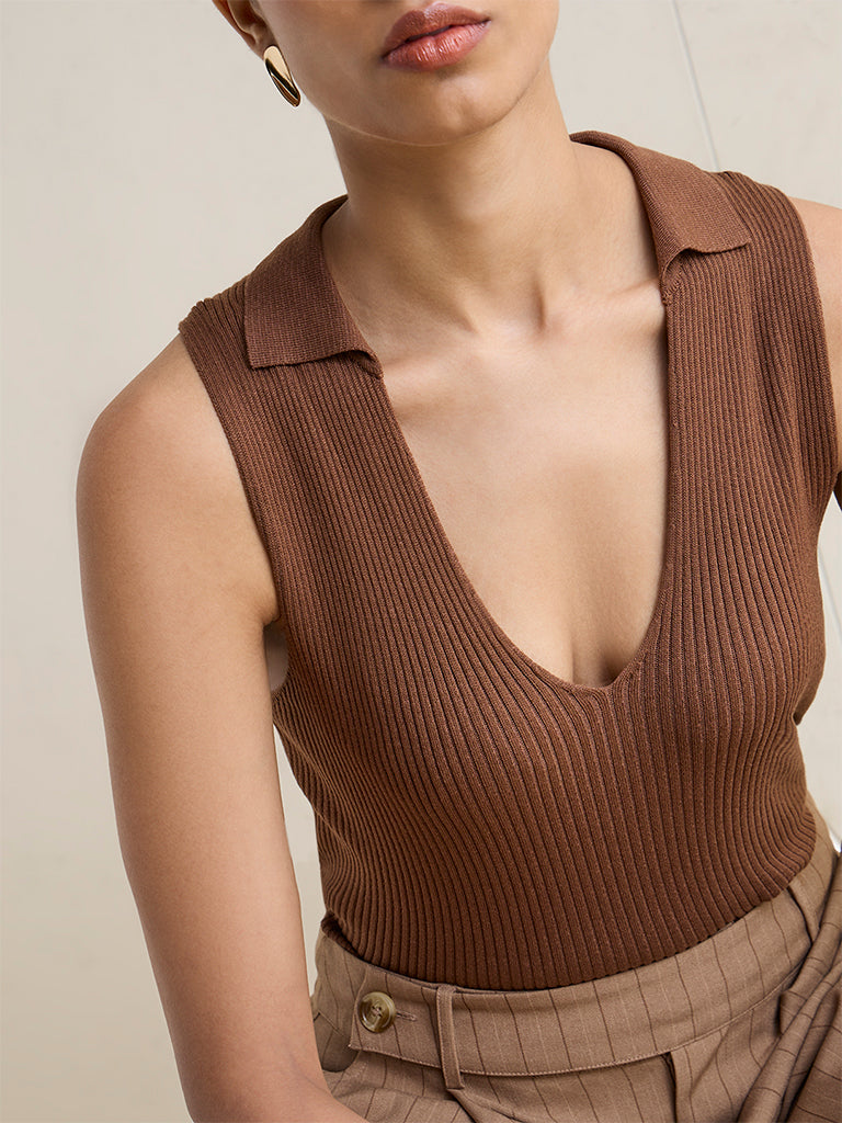 Wardrobe Brown Ribbed-Textured Top