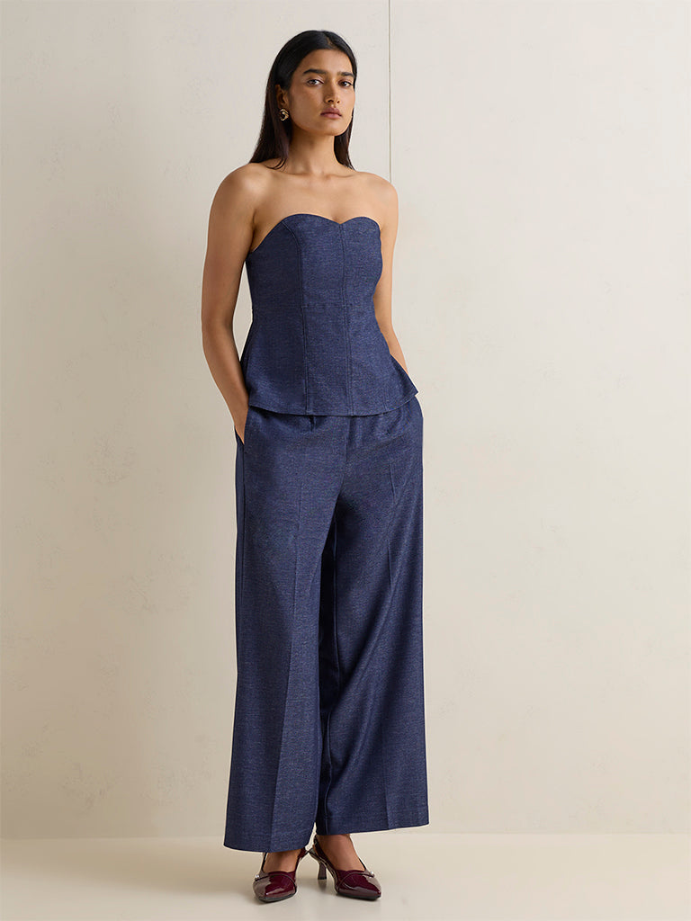 Wardrobe Indigo High-Rise Cotton-Blend Trousers