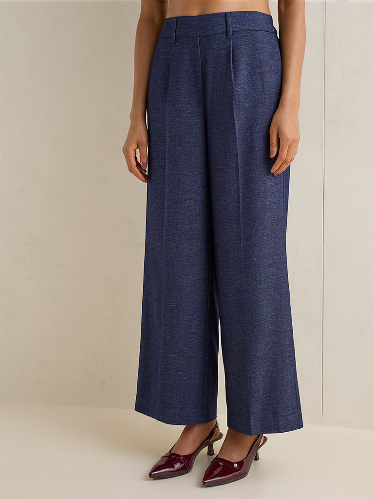 Wardrobe Indigo High-Rise Cotton-Blend Trousers