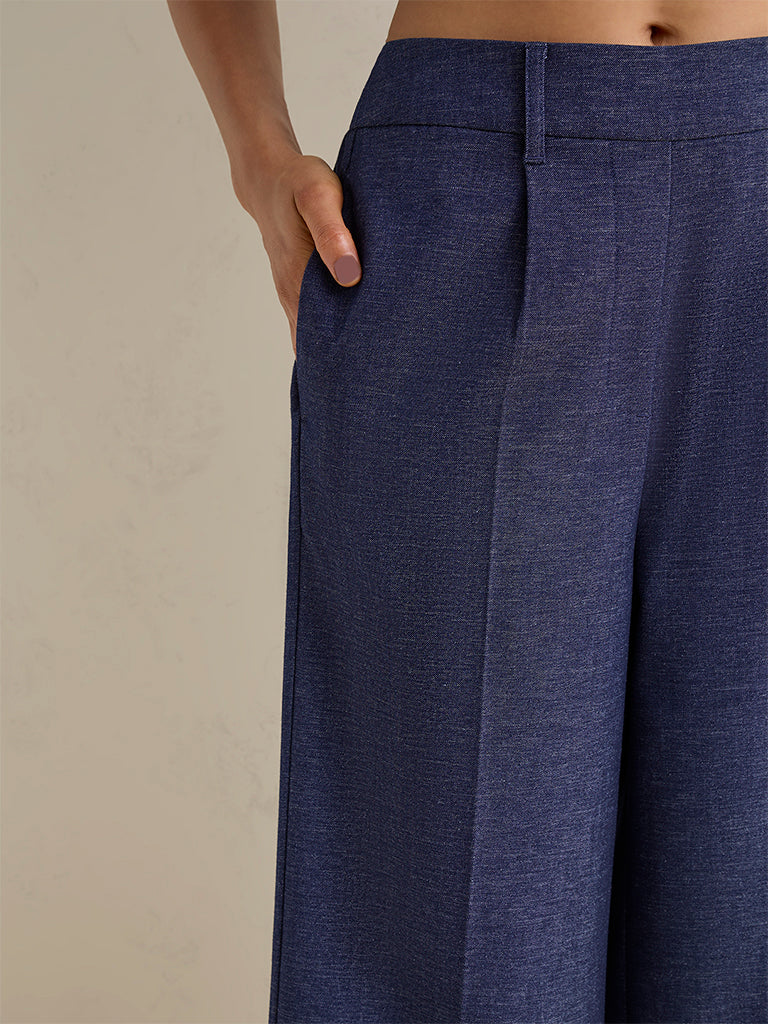 Wardrobe Indigo High-Rise Cotton-Blend Trousers