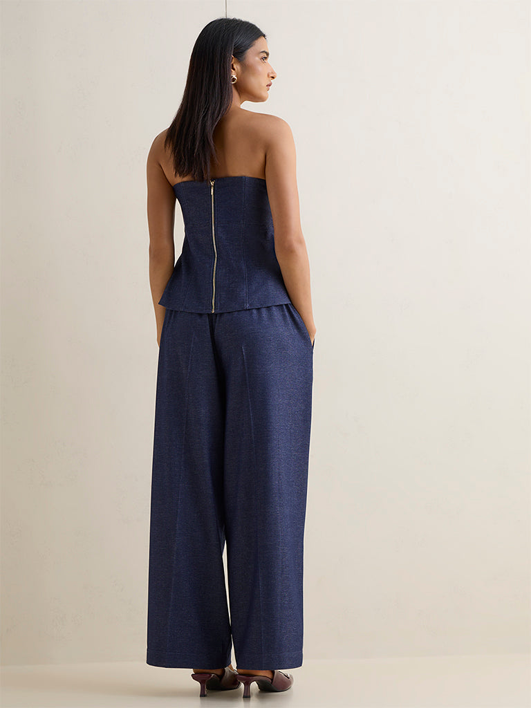 Wardrobe Indigo High-Rise Cotton-Blend Trousers