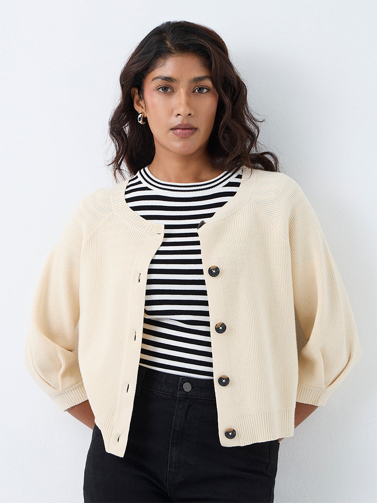 LOV Off-White Ribbed-Knit Cardigan