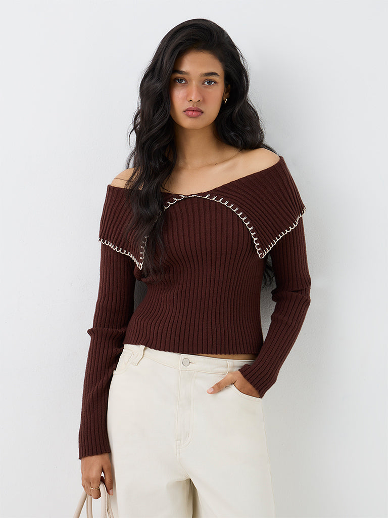 LOV Dark Brown Ribbed-Knit Off-Shoulder Top