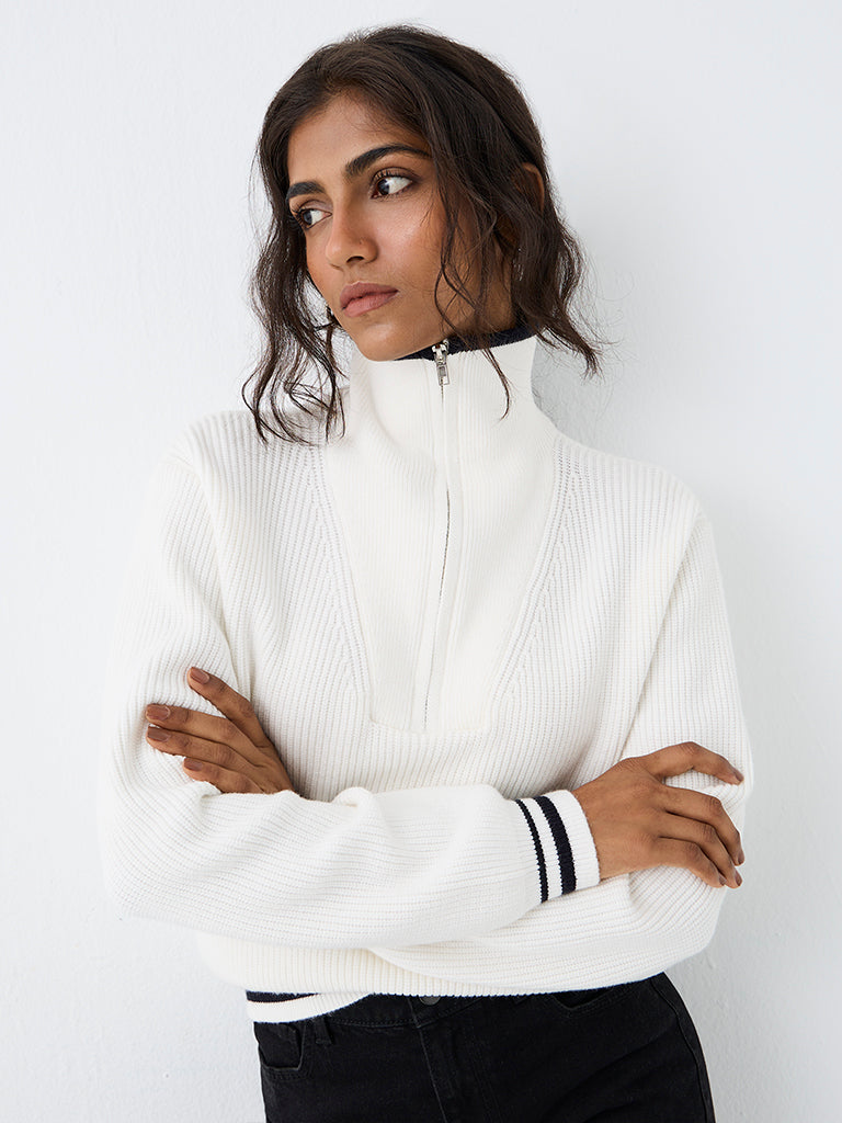 LOV White Ribbed-Knit Quarter-Zip Cardigan