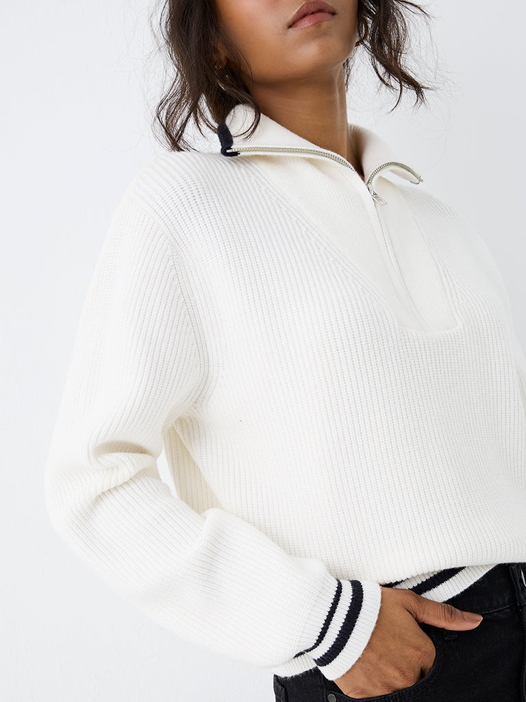 LOV White Ribbed-Knit Quarter-Zip Cardigan
