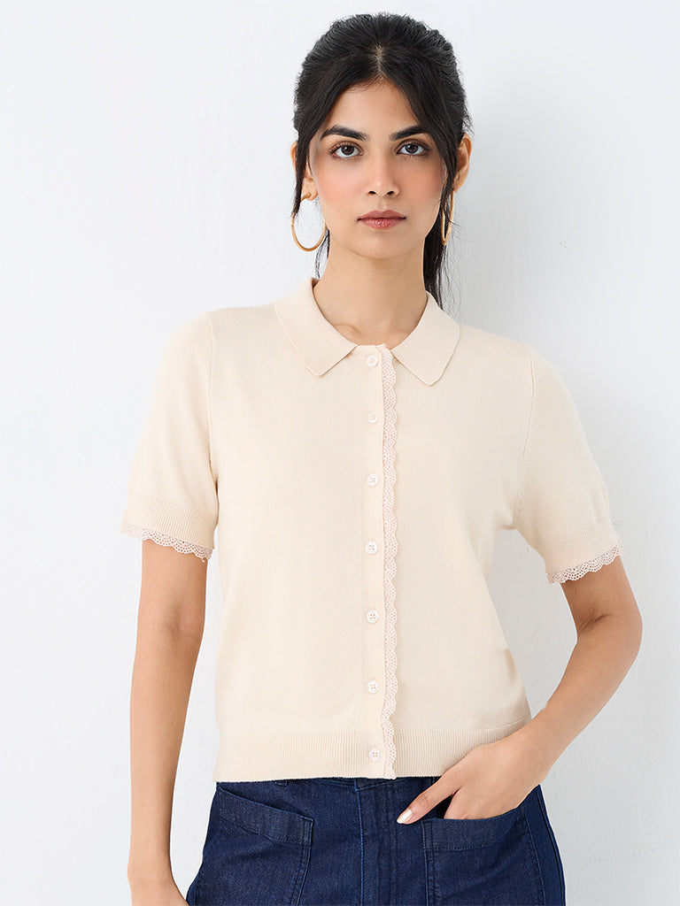 LOV Light Beige Lace-Detailed Shirt