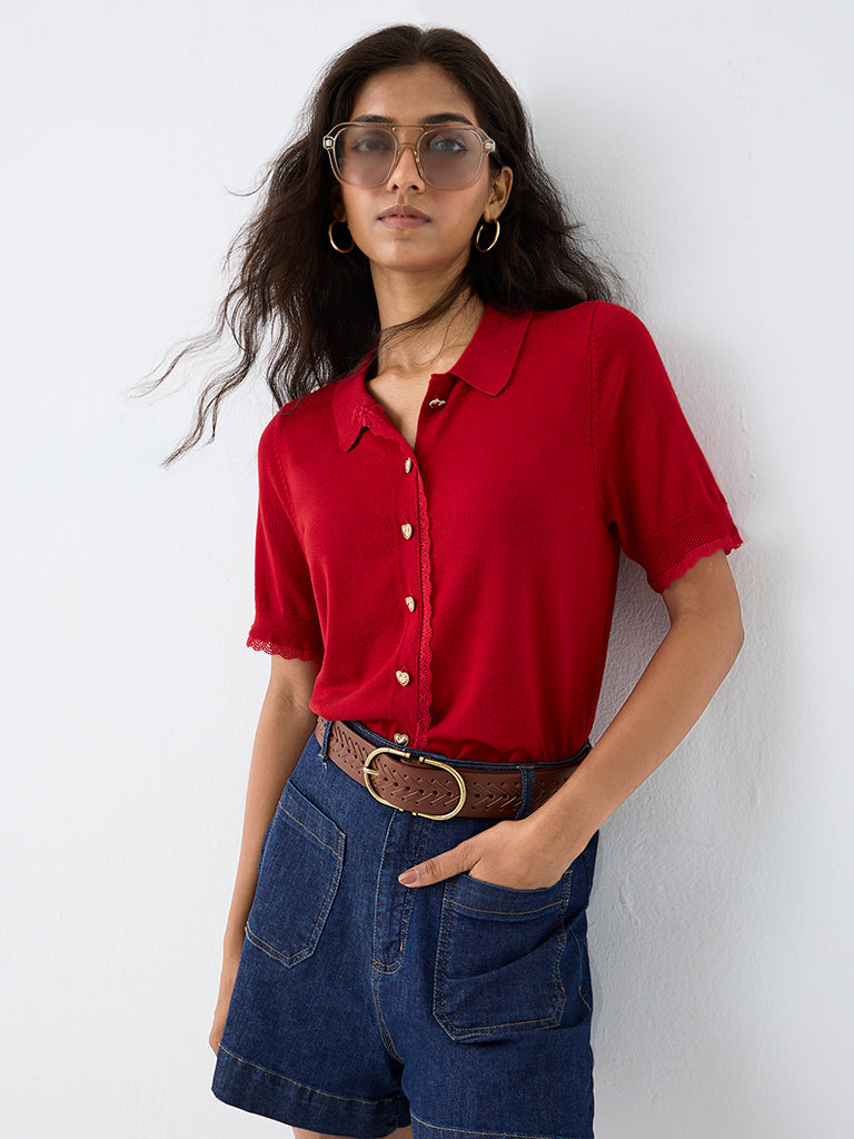 LOV Red Lace-Detail Shirt