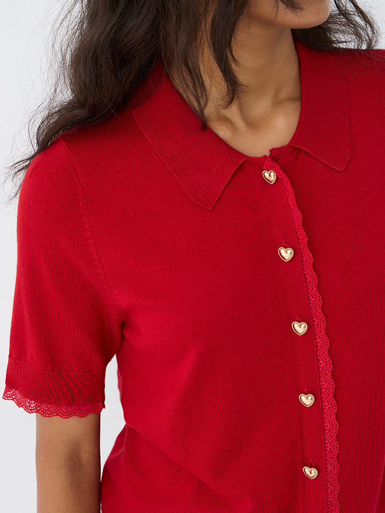 LOV Red Lace-Detail Shirt