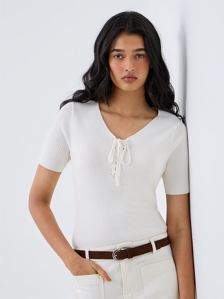 LOV Off-White Rib-Knitted Tie-Up Top