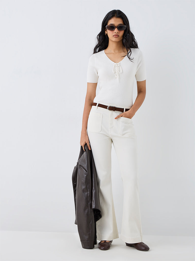 LOV Off-White Rib-Knitted Tie-Up Top