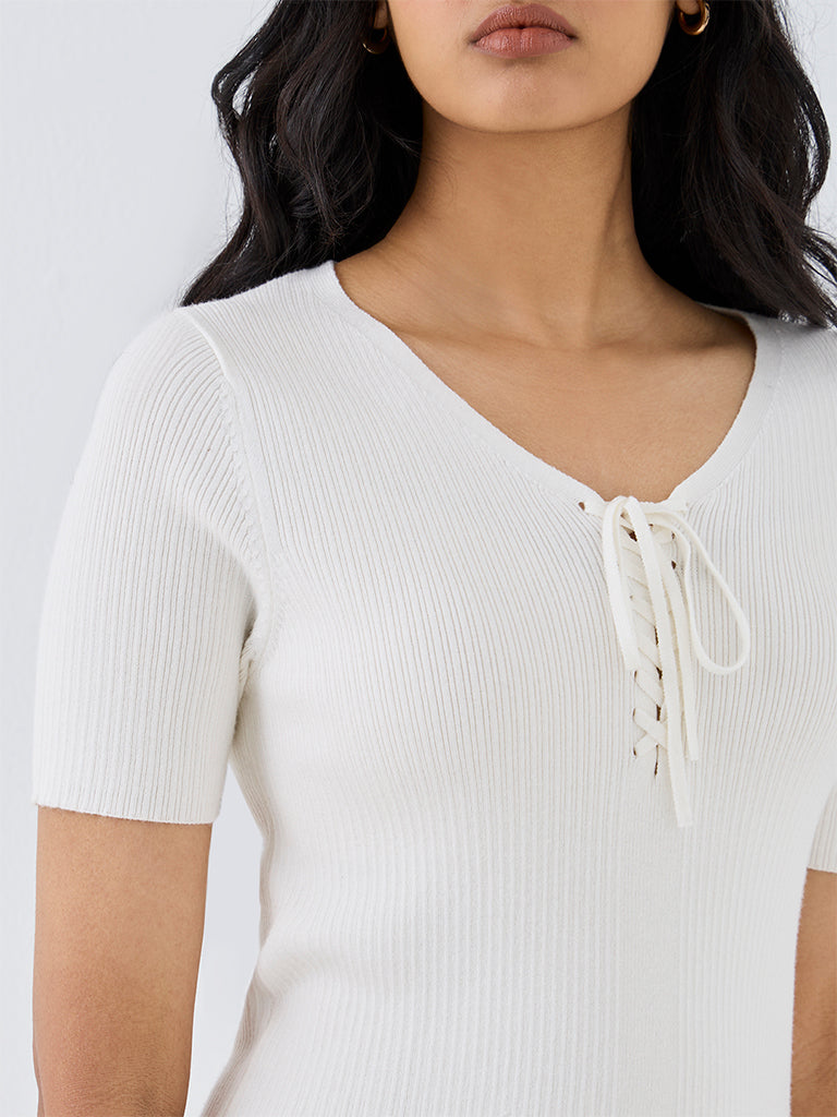 LOV Off-White Rib-Knitted Tie-Up Top