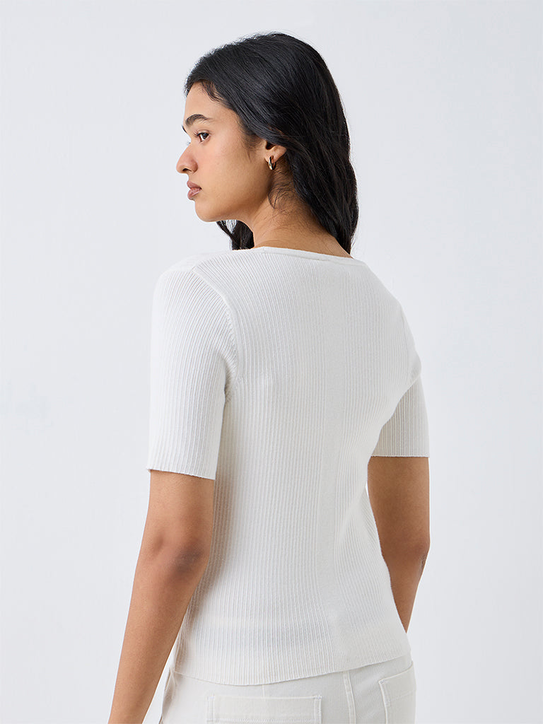 LOV Off-White Rib-Knitted Tie-Up Top