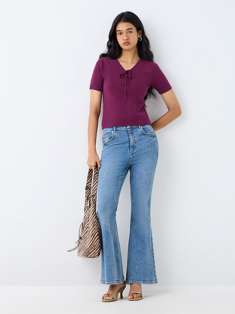LOV Plum Rib-Knitted Tie-Up Top