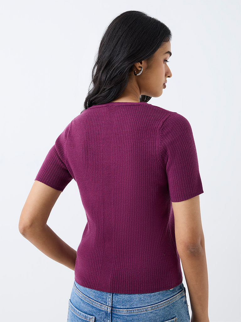 LOV Plum Rib-Knitted Tie-Up Top