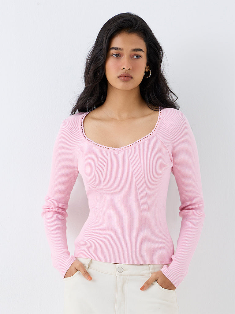 LOV Light Pink Rib-Knitted Top