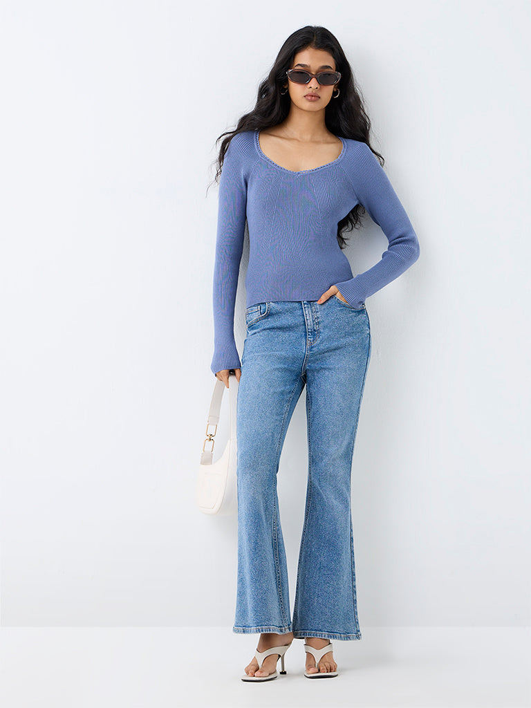 LOV Dusty Blue Rib-Knitted Top