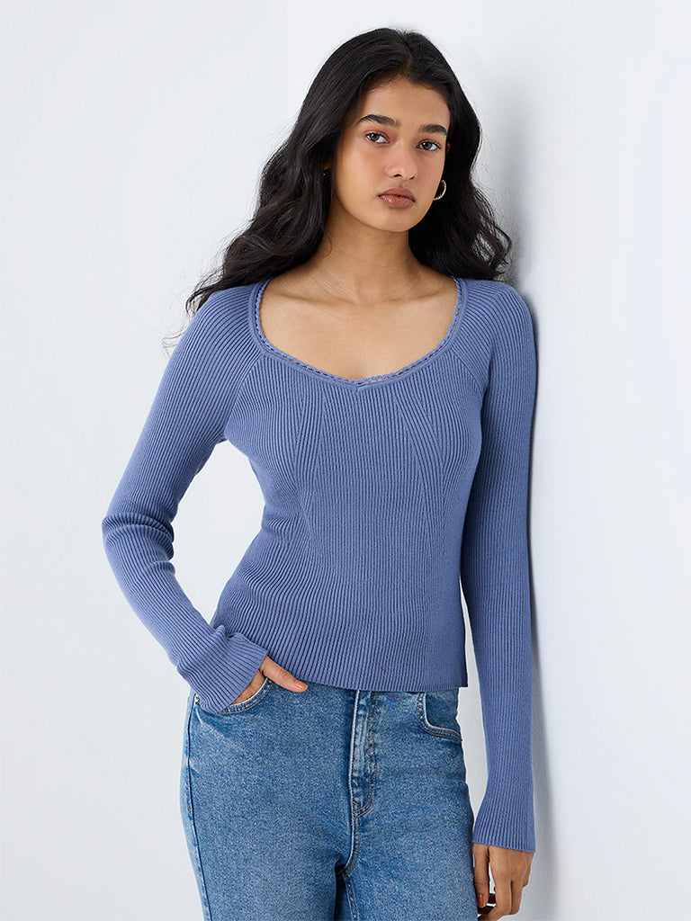 LOV Dusty Blue Rib-Knitted Top