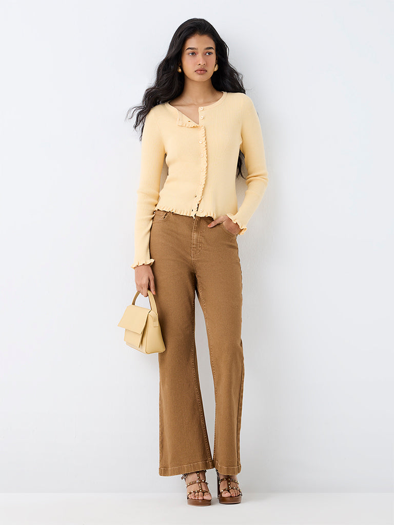 LOV Light Yellow Frill-Detail Ribbed Cardigan