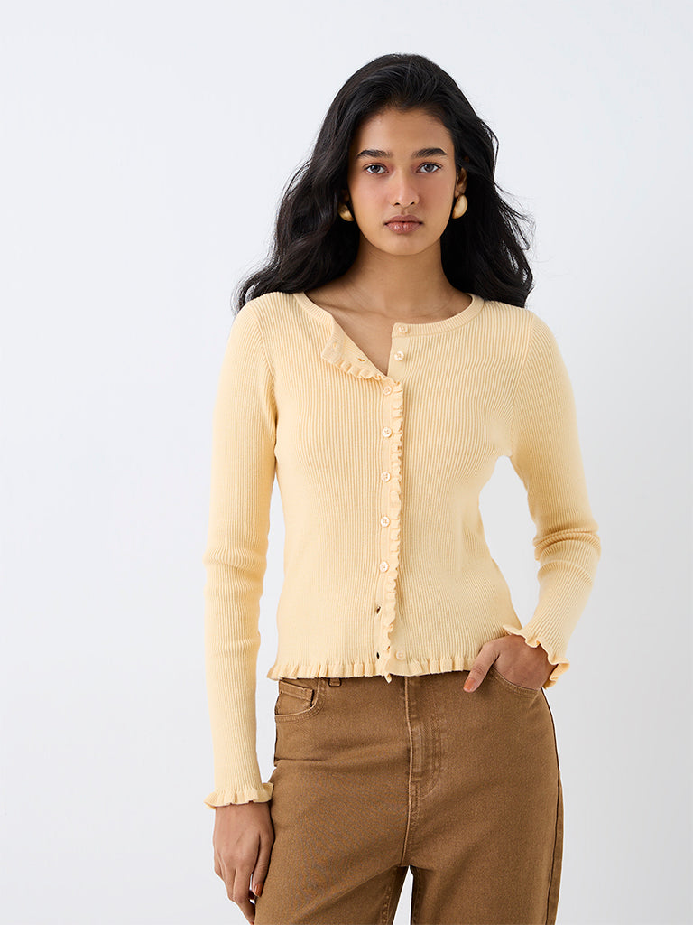 LOV Light Yellow Frill-Detail Ribbed Cardigan
