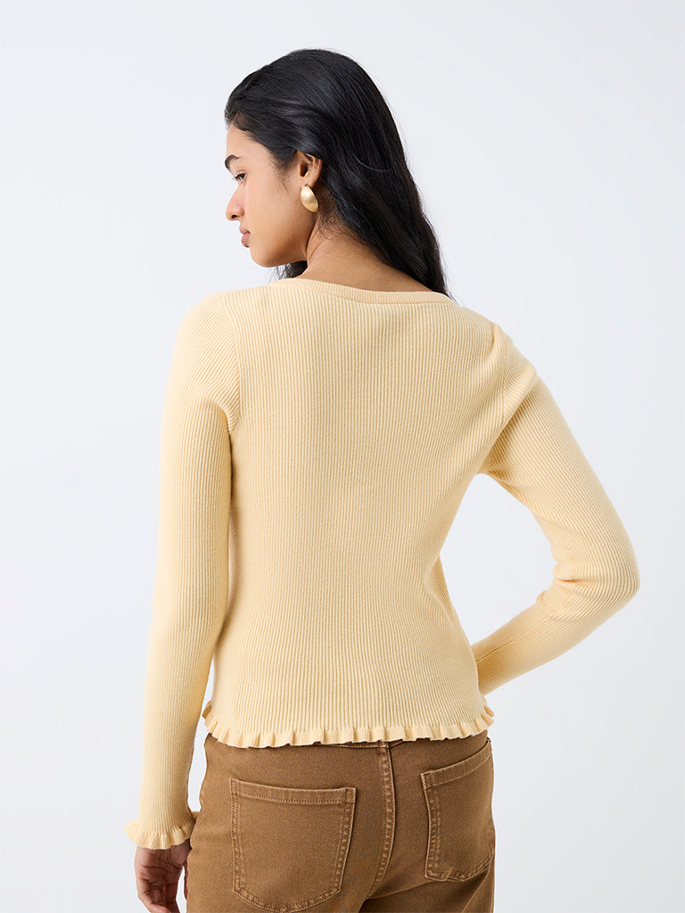 LOV Light Yellow Frill-Detail Ribbed Cardigan