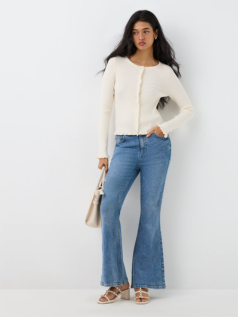 LOV Ivory Ribbed-Knit Ruffled Cardigan