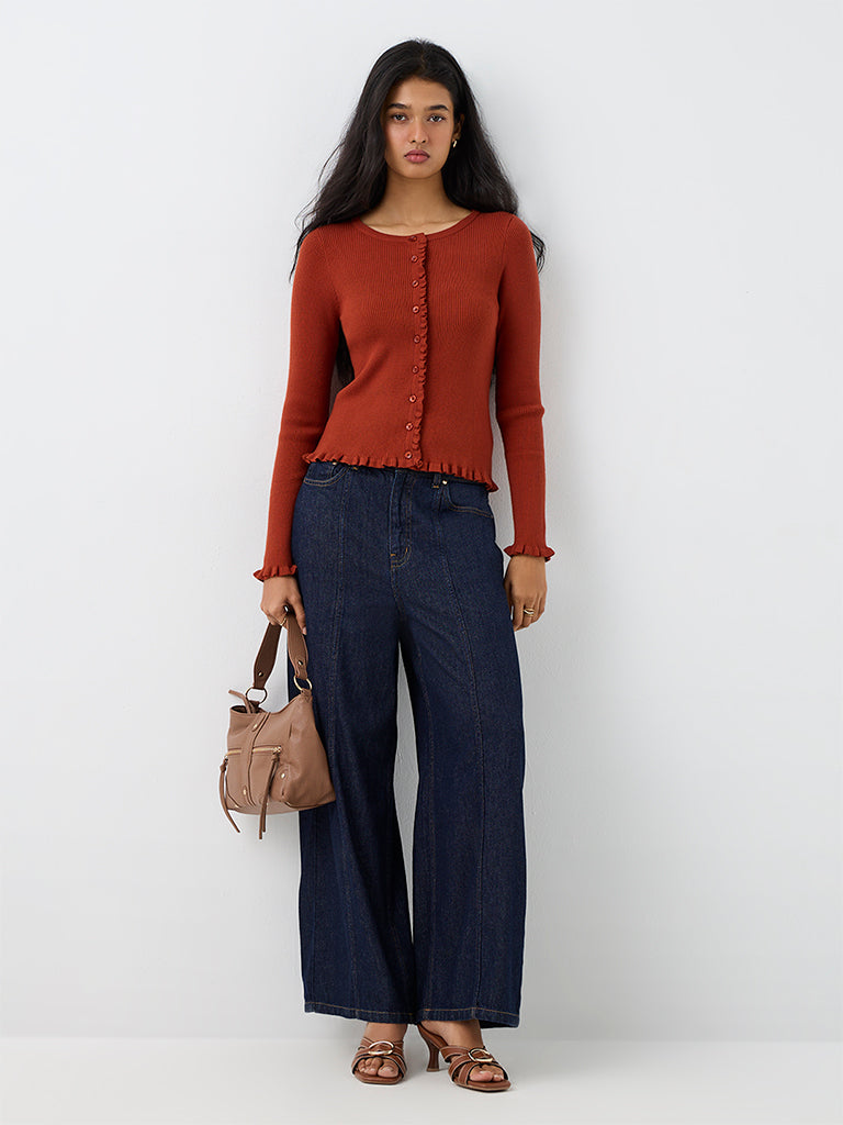 LOV Rust Ribbed-Knit Ruffled Cardigan